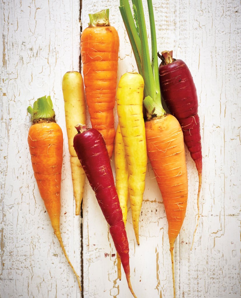 Photo of orange, yellow and red carrots.
