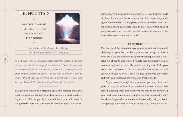 Interior spread from the guidebook included in “The Dreamgate Oracle” showing the first two pages of the entry for The Mountain card.