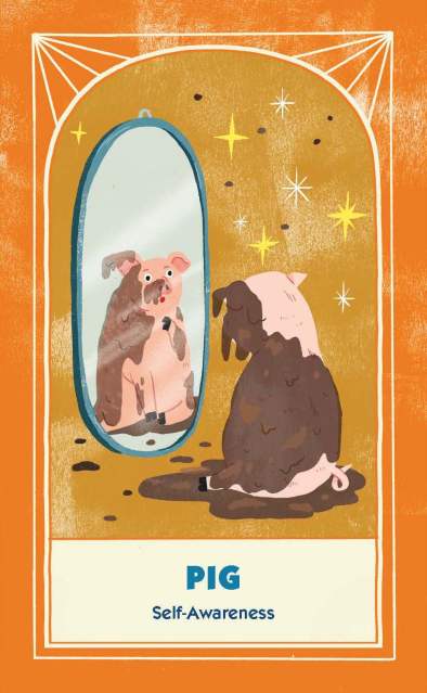 The “Pig: Self-Awareness” card from “Trash Animals Oracle: Inspiration and Guidance from Chaotic Creatures”