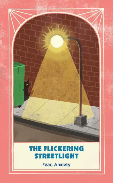 “The Flickering Streetlight: Fear, Anxiety” card from “Trash Animals Oracle: Inspiration and Guidance from Chaotic Creatures”