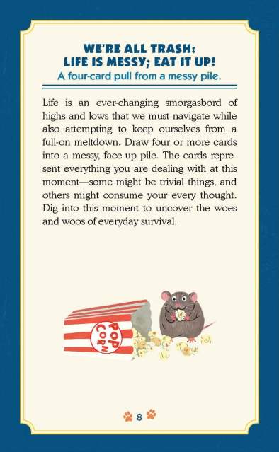 Page 8 of the included guidebook to “Trash Animals Oracle: Inspiration and Guidance from Chaotic Creatures,” showing the start of the section titled “We’re All Trash: Life is Messy; Eat It Up!: A four-card pull from a messy pile.”