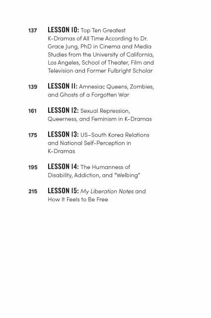 Interior page from “K-Drama School: A Pop Culture Inquiry into Why We Love Korean Television” showing the second page of the Table of Contents.