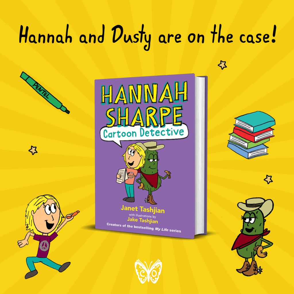 Graphic for Hannah Sharpe Cartoon Detective. Book cover displayed. Text reads: Hannah and Dusty are on the case!