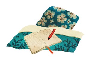 Illustration of a bedspread, pillow, and journal and pen, from Shadow Magic by Nikki Van De Car