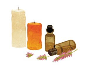 Illustration of candles and essential oils, from Shadow Magic by Nikki Van De Car