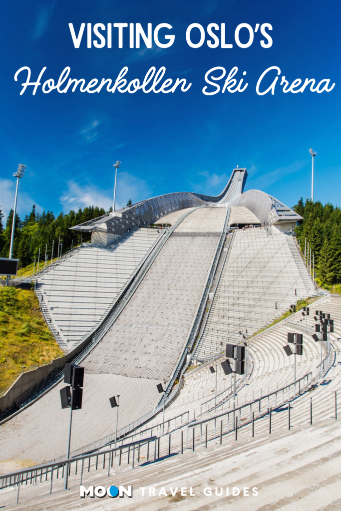 Image of ski jump in summer with text Visiting Oslo's Holmenkollen Ski Arena