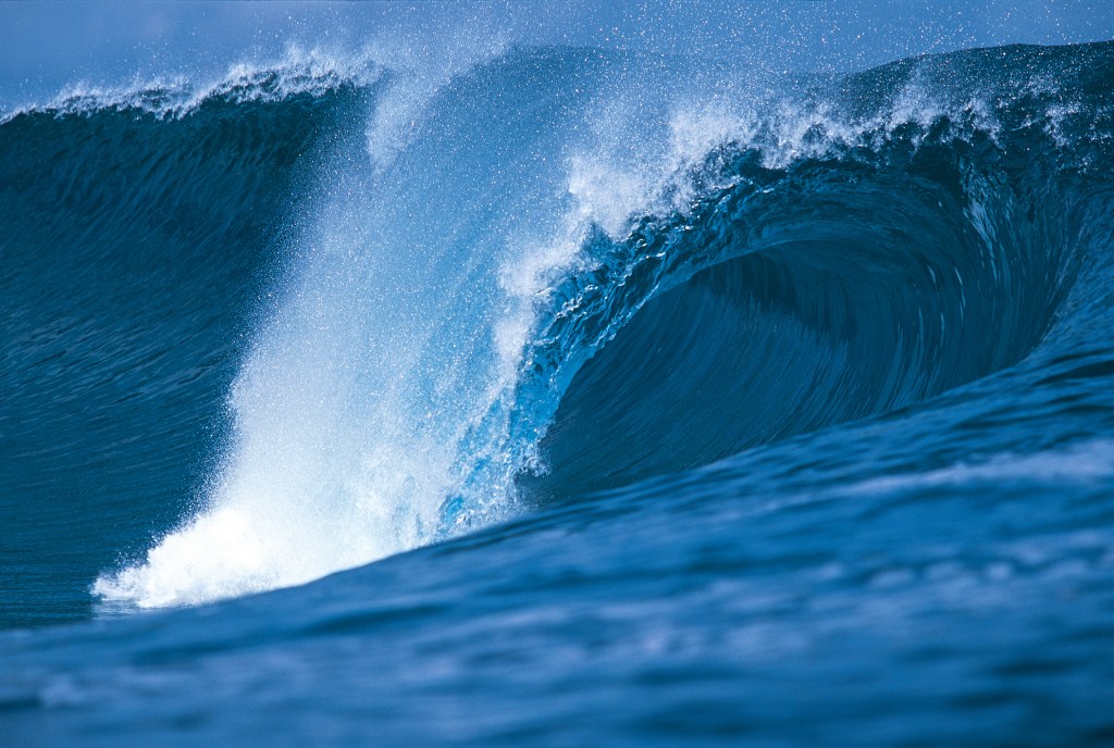 A giant, deep blue ocean wave crests.