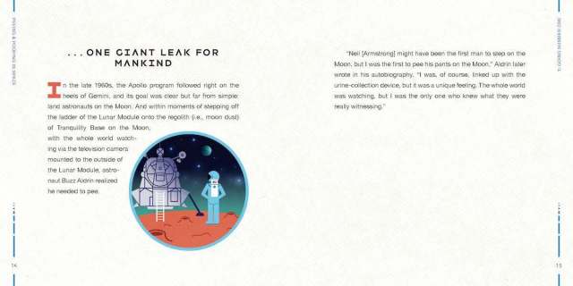 Interior spread from “Peeing and Pooping in Space,” showing the section “…One Giant Leak for Mankind”