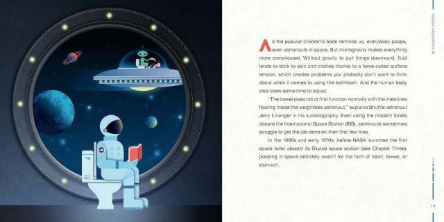 Interior spread from “Peeing and Pooping in Space,” showing an illustration of an astronaut sitting on a toilet next to a large porthole window. An alien in a UFO passes by the window.