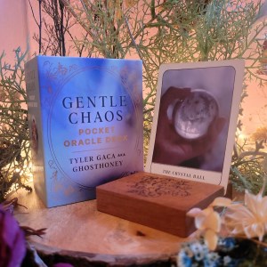 Photo of "Gentle Chaos Pocket Oracle Deck" standing among floral decor with a soft pink backlight