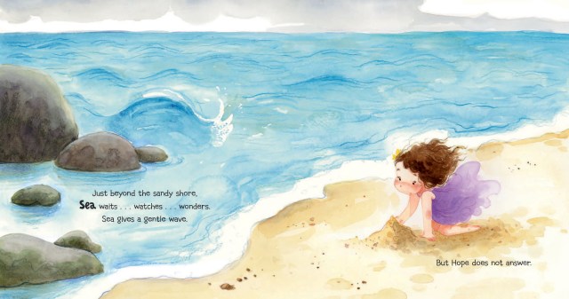 Interior illustration from Hope and the Sea showing a little girl playing on the beach
