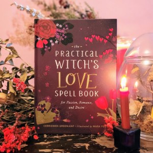 Photo of "The Practical Witch's Love Spell Book" standing among red floral decor, lit from the front by a red candle