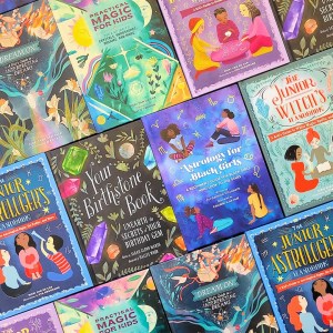 Photo of kids books from RP Mystic, laid side-by-side in a diagonal pattern. Covers seen are: Dream On, Practical Magic for Kids, The Junior Tarot Reader's Handbook, Your Birthstone Book, The Junior Astrologer's Handbook, Astrology for Black Girls, and The Junior Witch's Handbook.