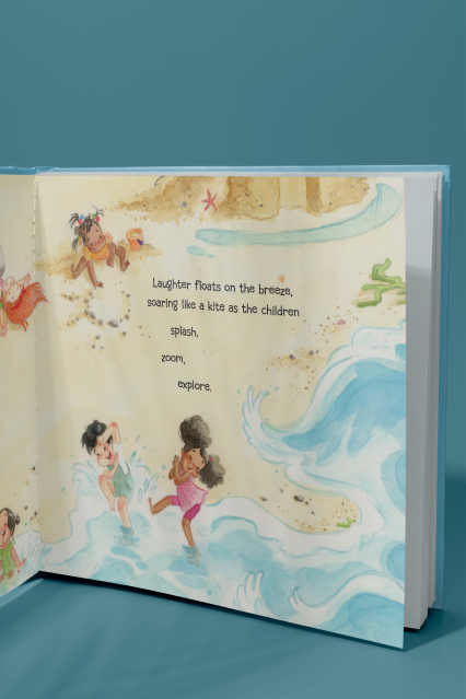 Picture book standing and open to a page showing illustration of children playing on a beach