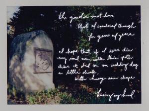 Polaroid of a garden overlaid with a handwritten poem from "Gentle Chaos"