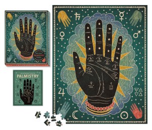 Product image of "Palmistry 500-Piece Puzzle" box, mini book, and almost-complete puzzle