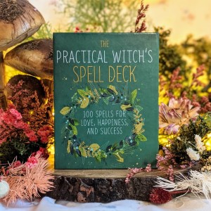 Photo of "The Practical Witch's Spell Deck" standing among mushrooms and natural decor