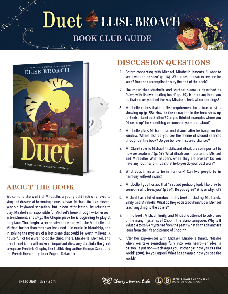 Book club guide for Duet by Elise Broach