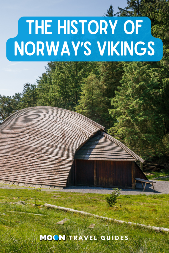 Image of wooden Viking longhouse with text The History of Norway's Vikings