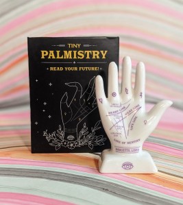 Photo of the "Tiny Palmistry" palm and included guidebook standing against a marbled background