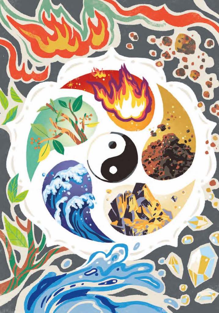 Interior art from "A Kid's Guide to the Chinese Zodiac" showing the elements surrounding a yin-yang symbol