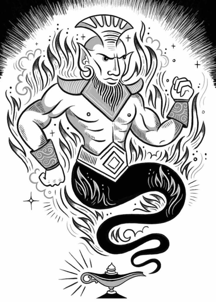 Black and white illustration of a djinn from “The Little Encyclopedia of Fairies: An A-to-Z Guide to Fae Magic”