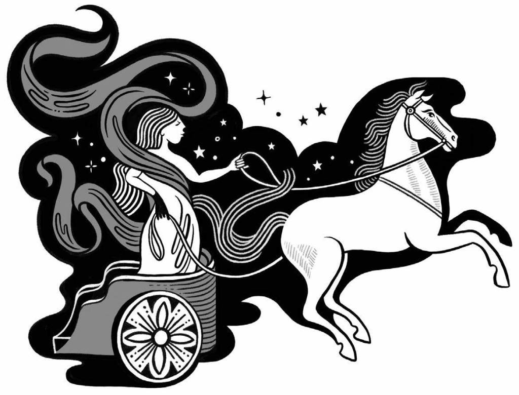 Black and white illustration of Hrimfaxi from “The Little Encyclopedia of Mythical Horses: An A-to-Z Guide to Legendary Steeds”