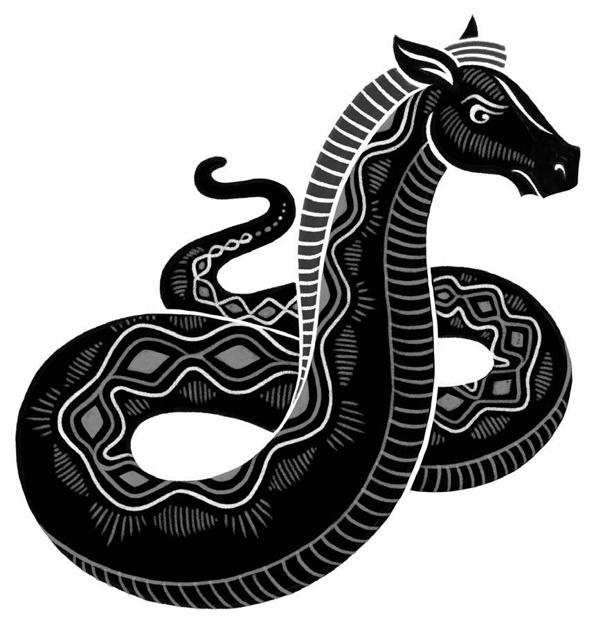 Black and white illustration of Inkanyamba from “The Little Encyclopedia of Mythical Horses: An A-to-Z Guide to Legendary Steeds”