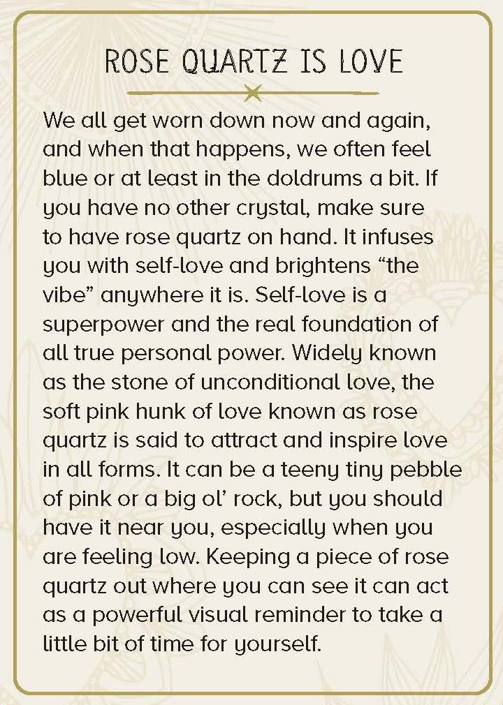 Image of the “Rose Quartz is Love” card from “The Practical Witch’s Love Spell Deck: 100 Spells for Romance, Passion, and Desire”