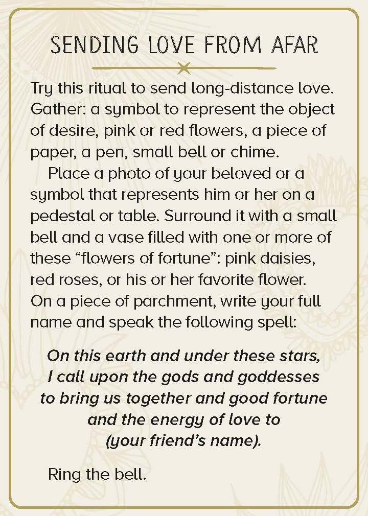 Image of the “Sending Love From Afar” card from “The Practical Witch’s Love Spell Deck: 100 Spells for Romance, Passion, and Desire”