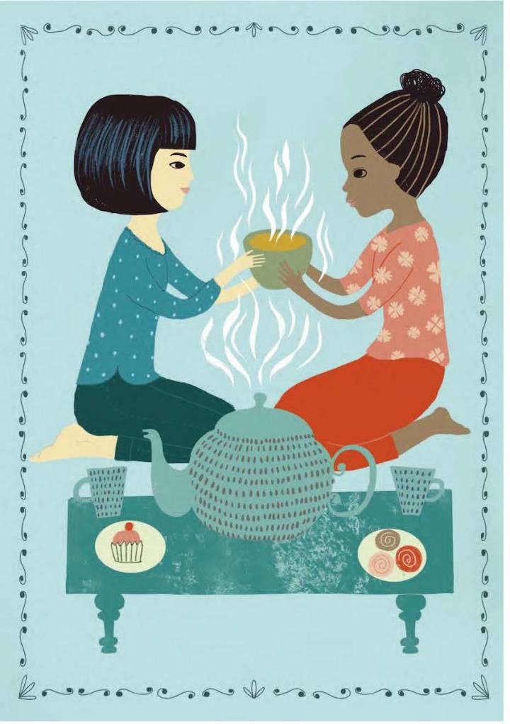 An illustration from “Crafting Magic” showing two girls holidng a large cup of tea between them.