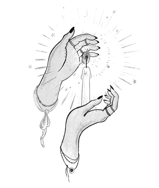 Line illustration of two hands surrounding a candle, from "make your own magic"