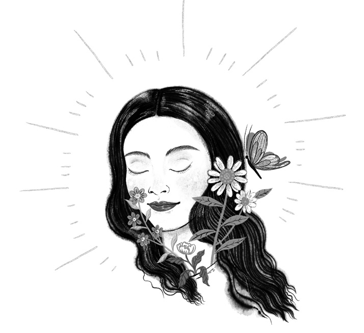 Line illustration of a woman's face with eyes closed and flowers and nature in her long hair, from "make your own magic"