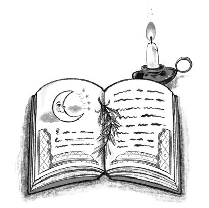 Line illustration of an open book next to a candle, from "make your own magic"