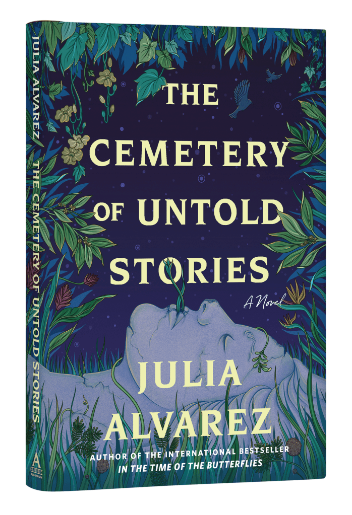 Book cover for THE CEMETERY OF UNTOLD STORIES by Julia Alvarez.

A stature lays down in bed of grass, appearing to be sleeping, as plants curl up around it. 