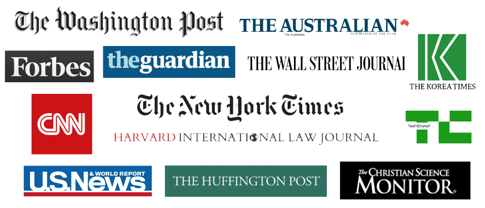 A collection of logos from news organizations that have featured or published work by Jamie Metzl.