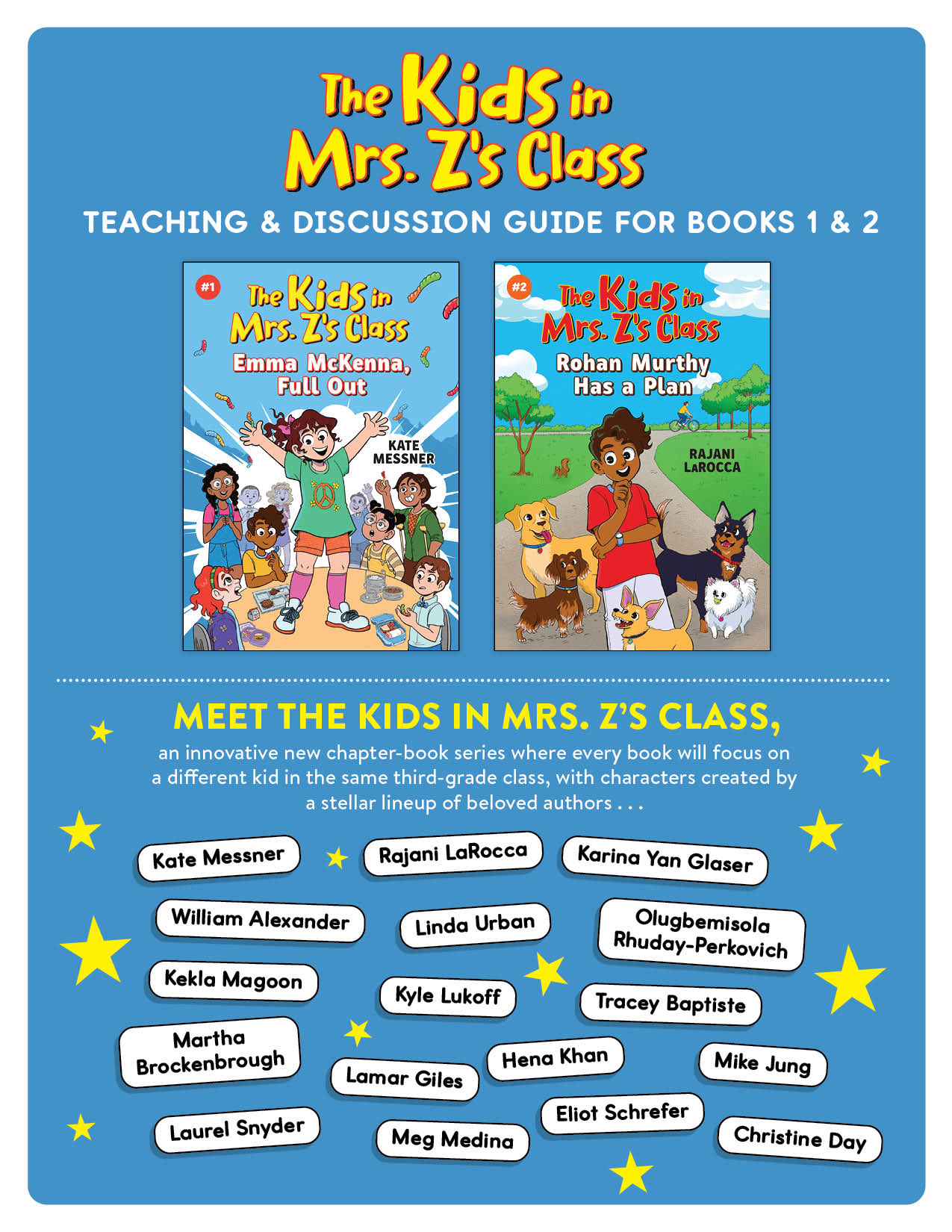 The cover page for the Teaching and Discussion Guide for books 1 and two of the Kids in Mrs. Z's Class serues