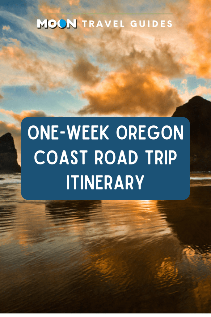 Image of sunset reflected on beach with text One-Week Oregon Coast Road Trip Itinerary