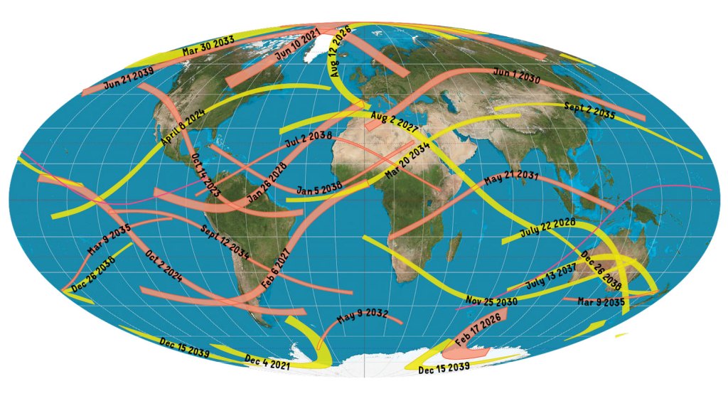A map of solar eclipse locations 2021–2041.