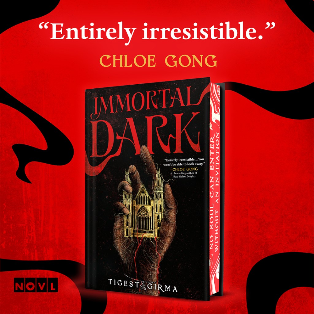 Blurb graphic for Immortal Dark. Blurb reads "Entirely irresistible."--Chloe Gong