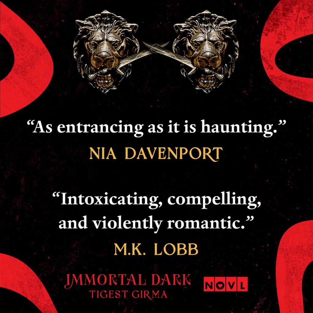 Blurb graphic for Immortal Dark. Blurbs read "As entrancing as it is haunting."--Nia Davenport and "Intoxicating, compelling, and violently romantic."--M.K. Lobb