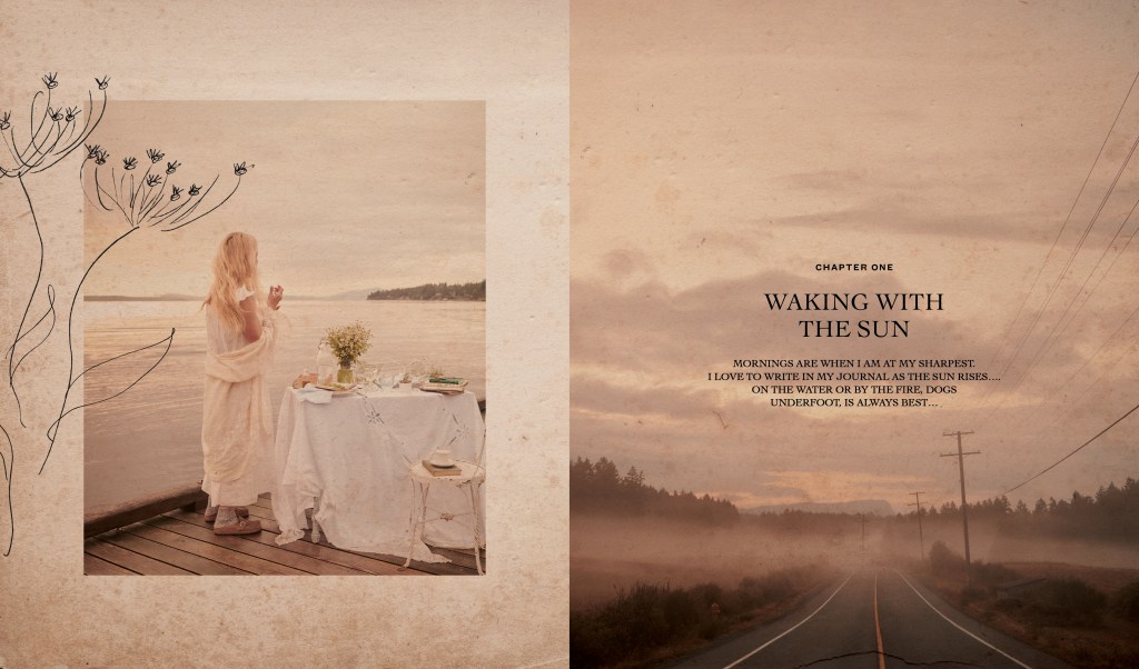 Image of Pamela with a table looking over water on left and image of open road on right