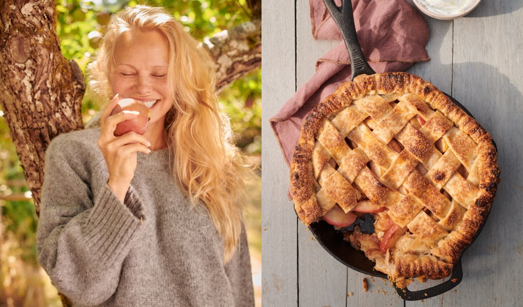 Image of Pamela holding fruit on left and peach pie on the right