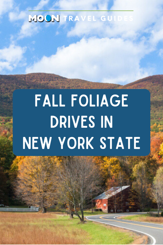 Image of winding rural fall road with text Fall Foliage Drives in New York State