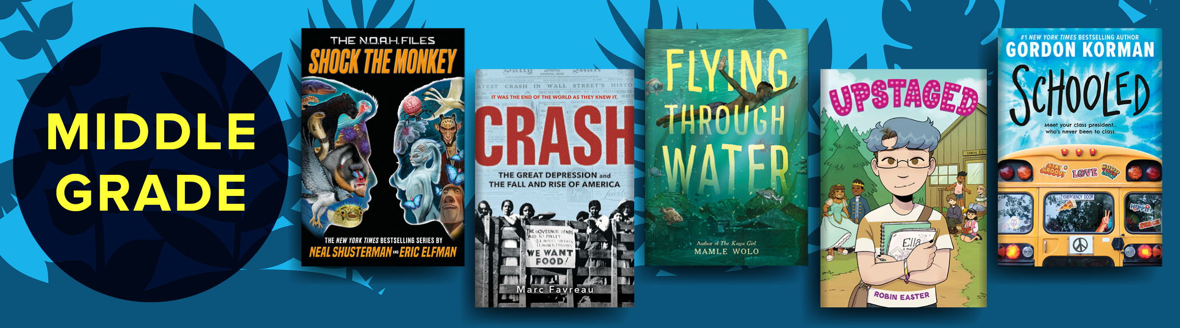 Middle Grade banner with images of book covers for 'Shock The Monkey,' 'Crash,' 'Flying Through Water,' and 'Upstaged,' 'Schooled'