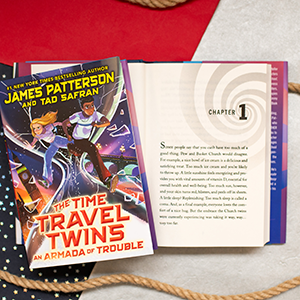 Bookshot image of The Time Travel Twins an Armada of Trouble opened to chapter 1.
