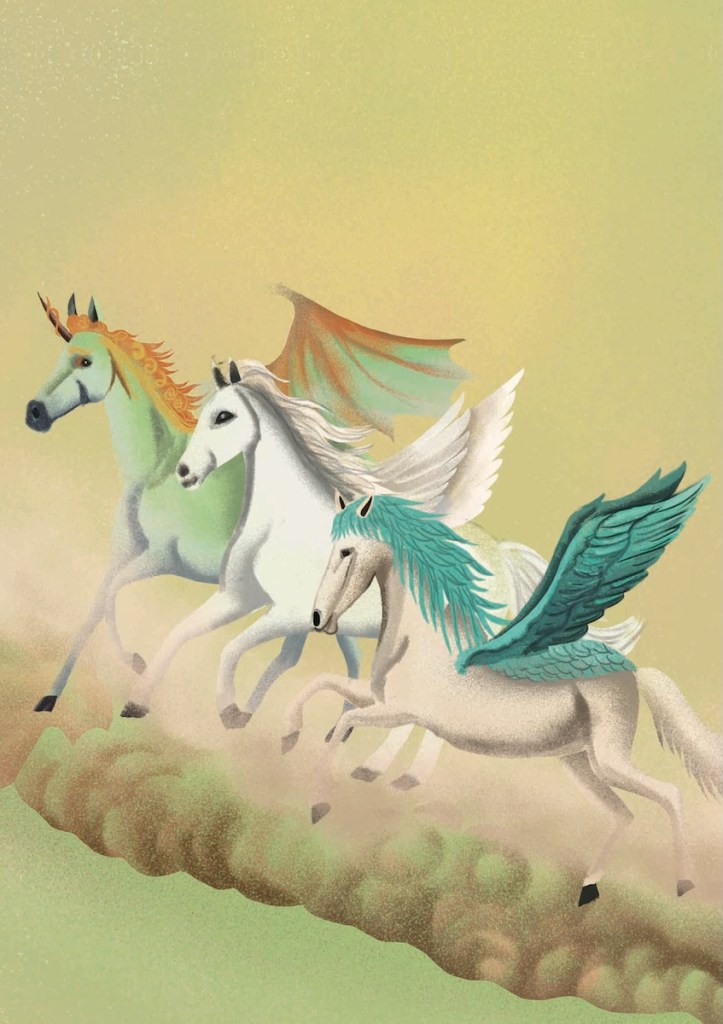 Illustration of mythic horses from The Chinese Zodiac