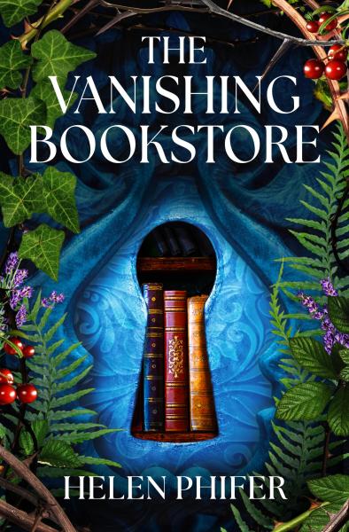 Cover of The Vanishing Bookstore: A blue keyhole, through which books are visible, is surrounded by greenery