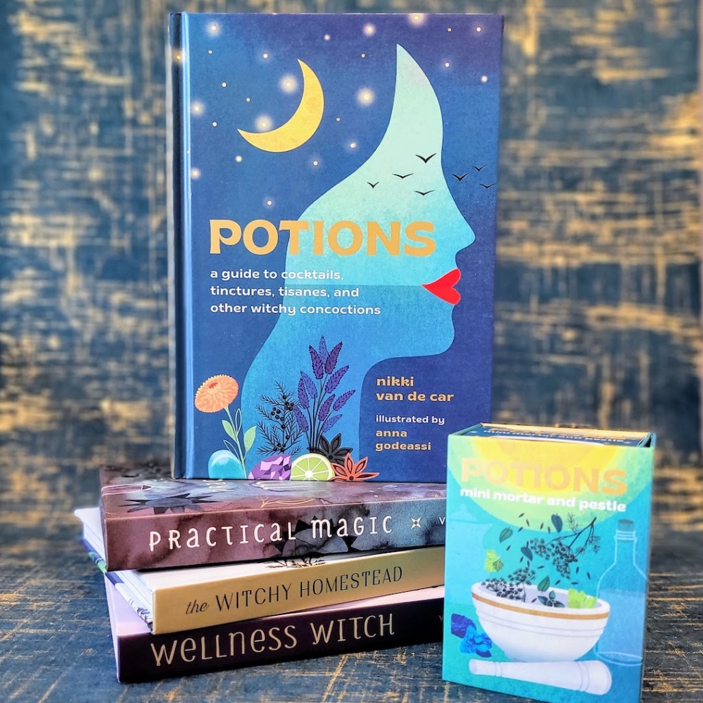 Photo of Potions and the Potions MIni Mortar and Pestle box, with a flat stack of other Nikki Van De Car books