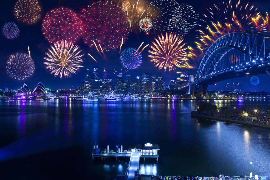 Fireworks over Sydney Harbour with the Sydney Harbour bridge and Sydney Opera House in the background